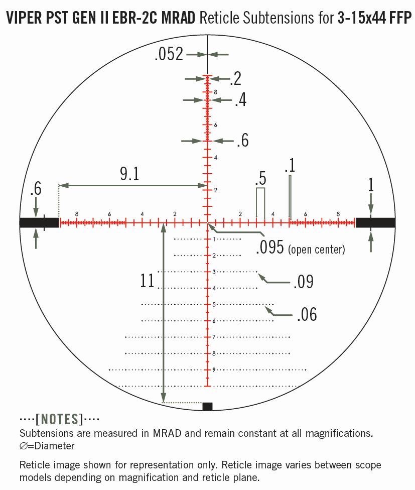 Vortex Vortex Viper PST Gen II 3-15×44 FFP EBR-2C MRAD reticle diagram (discontinued 2020) reticle