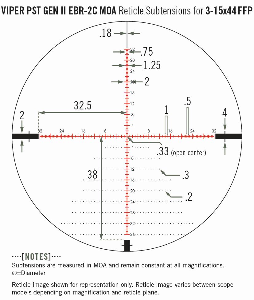 Vortex Vortex Viper PST Gen II 3-15×44 FFP EBR-2C MOA reticle diagram (discontinued 2020) reticle